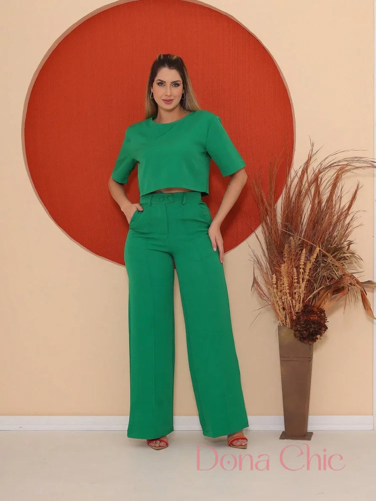 Conjunto Cropped Assimétrico Com Calça De Alfaiataria Verde / P Conjunto Cropped Assimétrico Com Calça De Alfaiataria