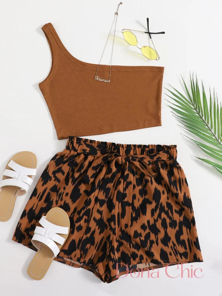 Conjunto Cropped Assimétrico Com Short Animal Print Marrom / P Conjunto Cropped Assimétrico Com Short Animal Print
