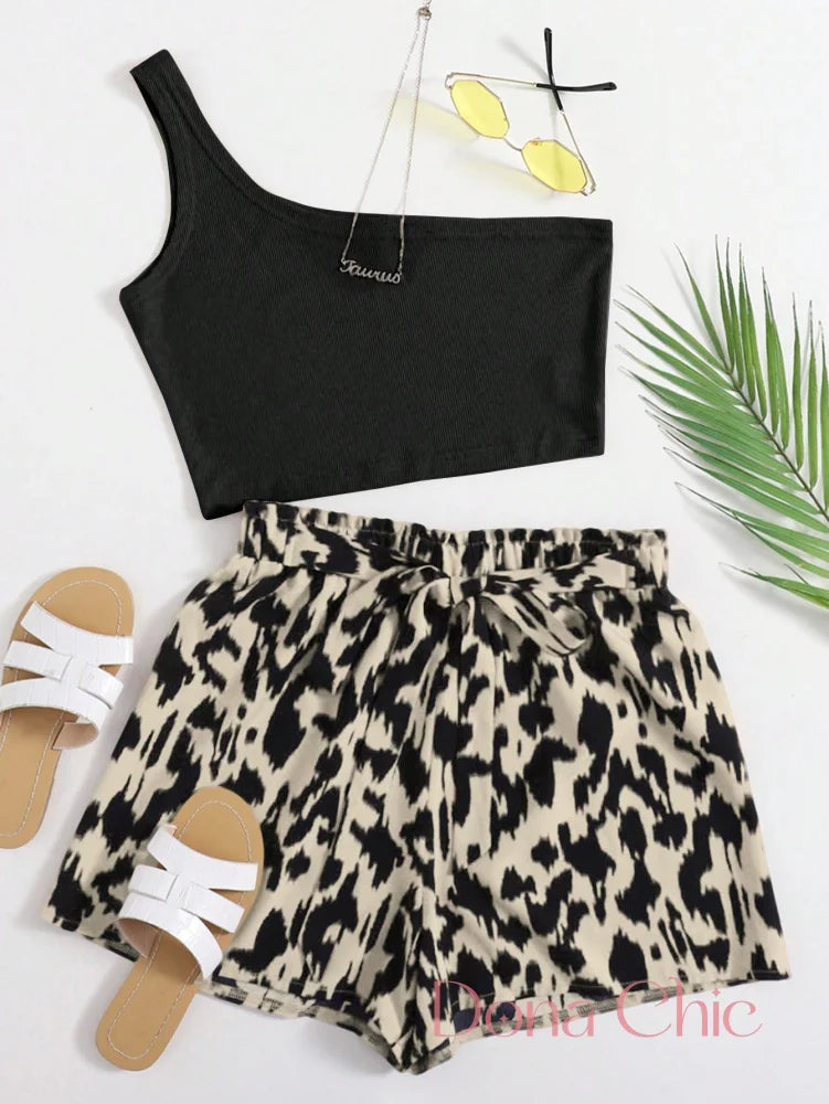 Conjunto Cropped Assimétrico Com Short Animal Print Preto / P Conjunto Cropped Assimétrico Com Short Animal Print