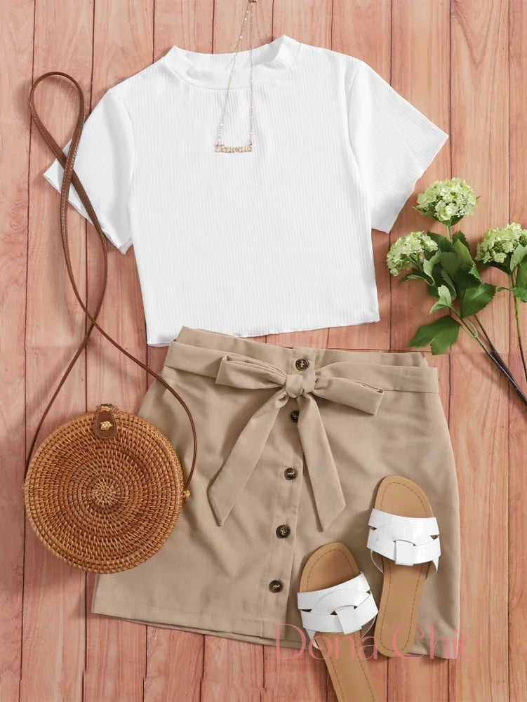Conjunto Cropped Básico Com Saia Cintura Alta E Laço Branco / P Conjunto Cropped Básico Com Saia Cintura Alta E Laço