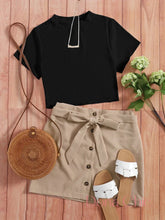 Conjunto Cropped Básico Com Saia Cintura Alta E Laço Preto / P Conjunto Cropped Básico Com Saia Cintura Alta E Laço