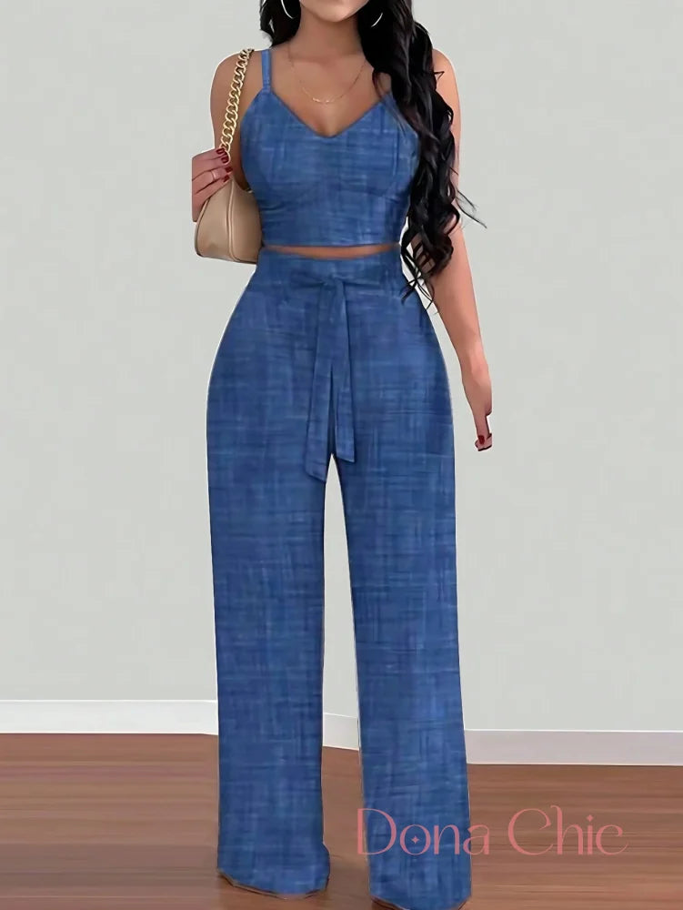 Conjunto Cropped Com Calça Pantalona Floral Charmosa Azul / P Conjunto Floral com Top Cropped e Calça Wide Leg
