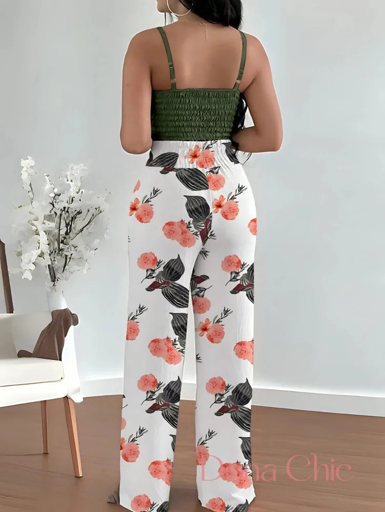 Conjunto Cropped Com Calça Pantalona Floral Charmosa Conjunto Floral com Top Cropped e Calça Wide Leg