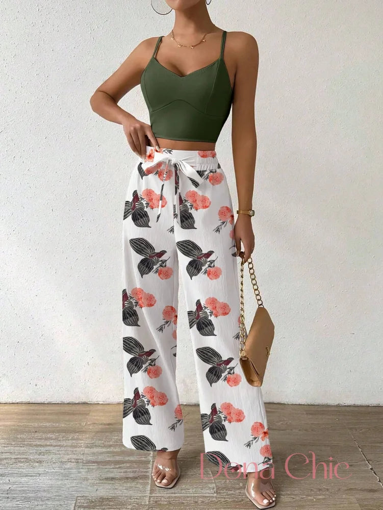 Conjunto Cropped Com Calça Pantalona Floral Charmosa Verde / P Conjunto Floral com Top Cropped e Calça Wide Leg