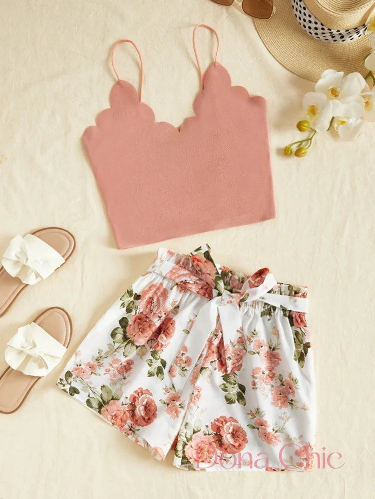 Conjunto Cropped Com Detalhes Ondulados E Short Floral Rosa / P Conjunto Cropped Com Detalhes Ondulados E Short Floral