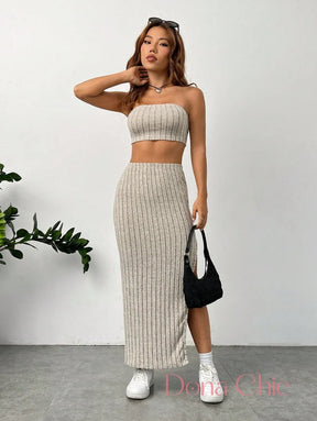 Conjunto Cropped Com Saia Longa Canelada E Fenda Lateral Damasco / P Conjunto Cropped Com Saia Longa Canelada E Fenda