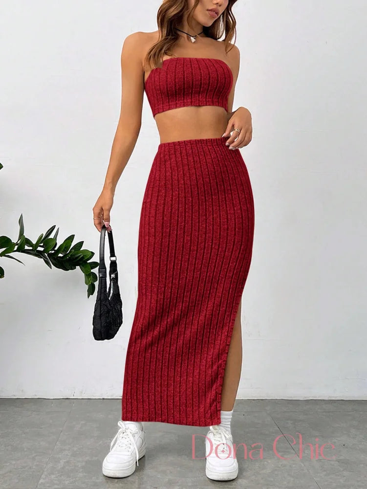 Conjunto Cropped Com Saia Longa Canelada E Fenda Lateral Vermelho / P Conjunto Cropped Com Saia Longa Canelada E Fenda