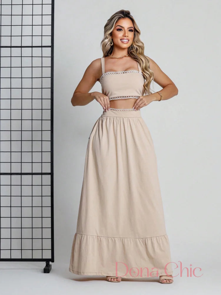 Conjunto Cropped Com Saia Longa E Detalhe Rendado Conjunto Cropped Com Saia Longa E Detalhe Rendado
