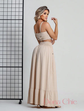 Conjunto Cropped Com Saia Longa E Detalhe Rendado Champanhe / P Conjunto Cropped Com Saia Longa E Detalhe Rendado