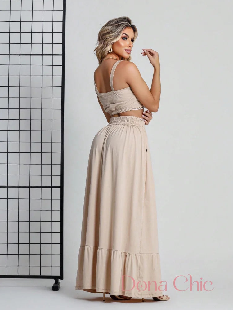 Conjunto Cropped Com Saia Longa E Detalhe Rendado Champanhe / P Conjunto Cropped Com Saia Longa E Detalhe Rendado