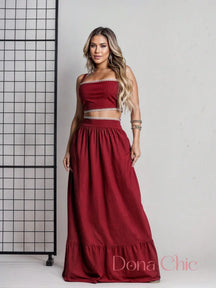 Conjunto Cropped Com Saia Longa E Detalhe Rendado Marsala / P Conjunto Cropped Com Saia Longa E Detalhe Rendado