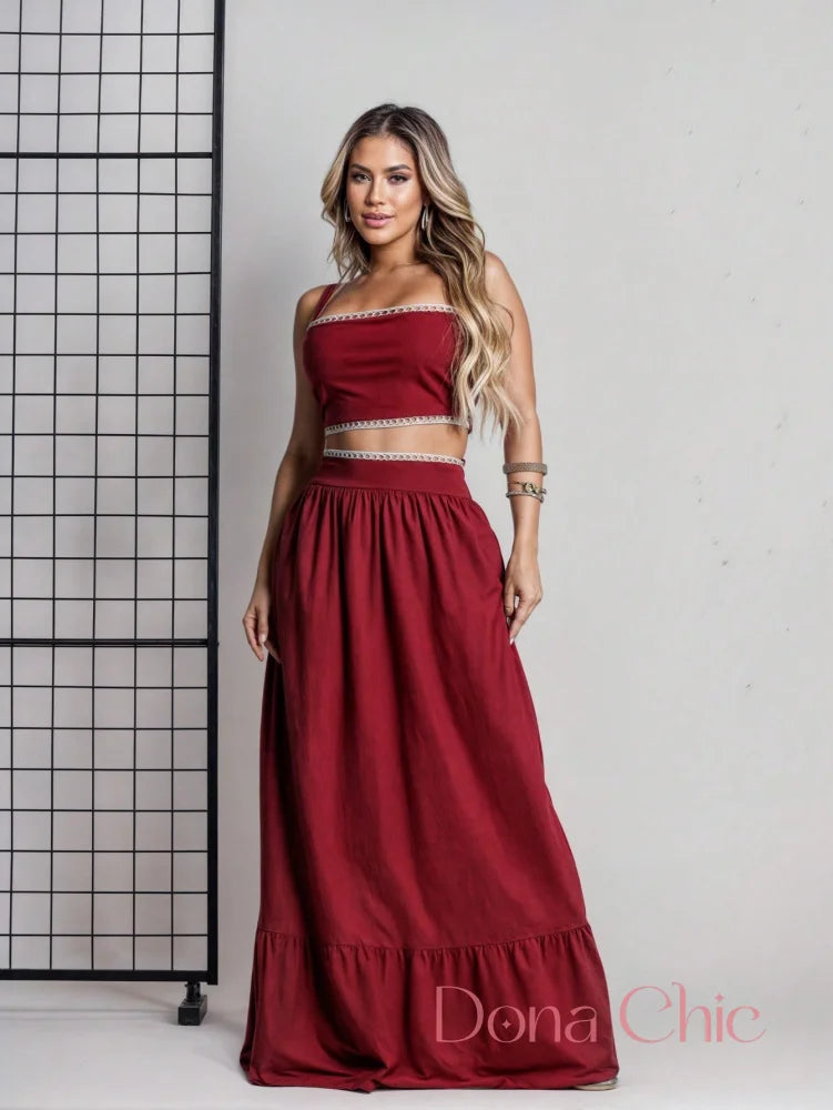 Conjunto Cropped Com Saia Longa E Detalhe Rendado Marsala / P Conjunto Cropped Com Saia Longa E Detalhe Rendado