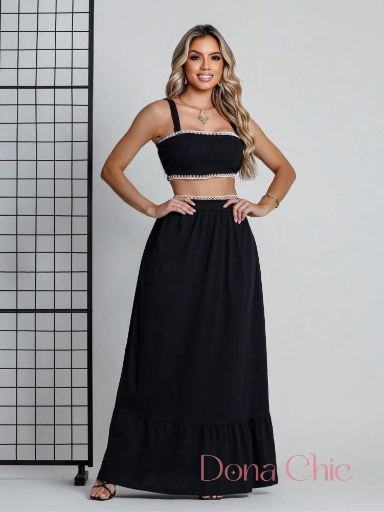 Conjunto Cropped Com Saia Longa E Detalhe Rendado Preto / P Conjunto Cropped Com Saia Longa E Detalhe Rendado