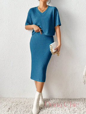 Conjunto Cropped Com Saia Midi Canelada Azul Petróleo / P Conjunto Cropped Com Saia Midi Canelada