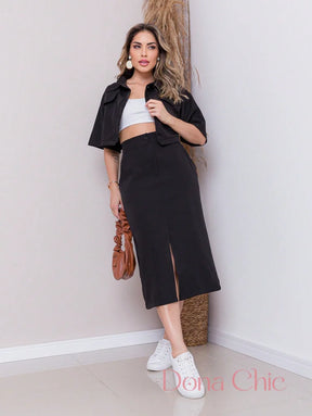Conjunto Cropped Com Saia Midi E Fenda Frontal Conjunto Cropped Com Saia Midi E Fenda Frontal