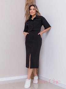 Conjunto Cropped Com Saia Midi E Fenda Frontal Preto / P Conjunto Cropped Com Saia Midi E Fenda Frontal
