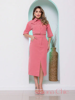 Conjunto Cropped Com Saia Midi E Fenda Frontal Rosa empoeirado / P Conjunto Cropped Com Saia Midi E Fenda Frontal