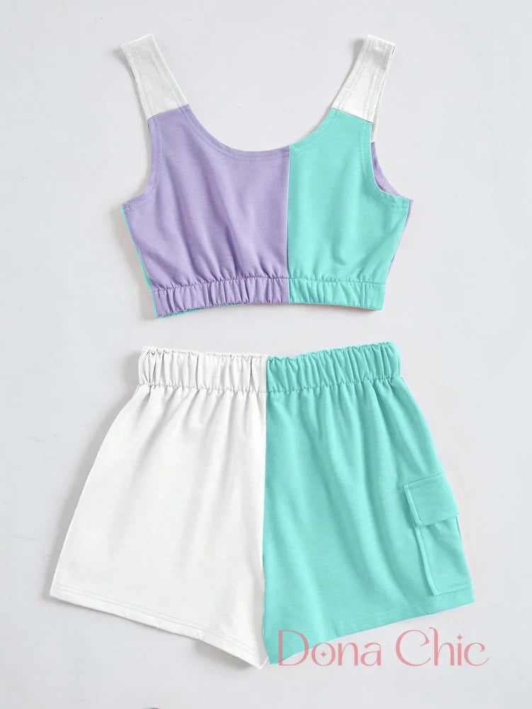 Conjunto Cropped Detalhes Color Block E Short Ajustável Conjunto Cropped Detalhes Color Block E Short Ajustável