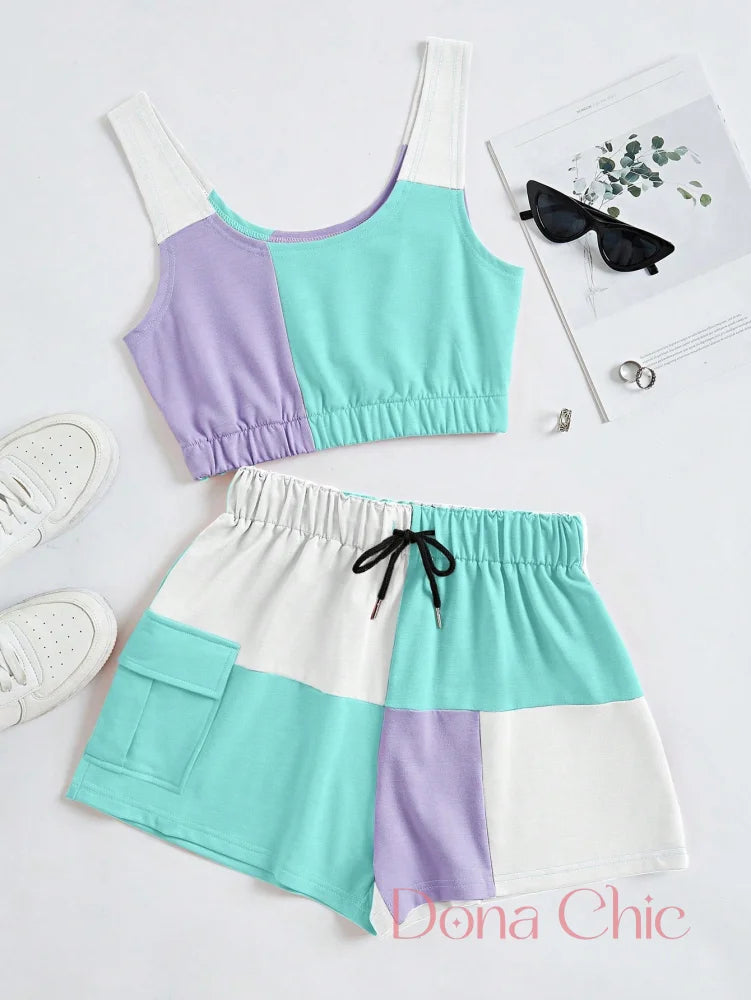 Conjunto Cropped Detalhes Color Block E Short Ajustável Estampa 1 / P Conjunto Cropped Detalhes Color Block E Short