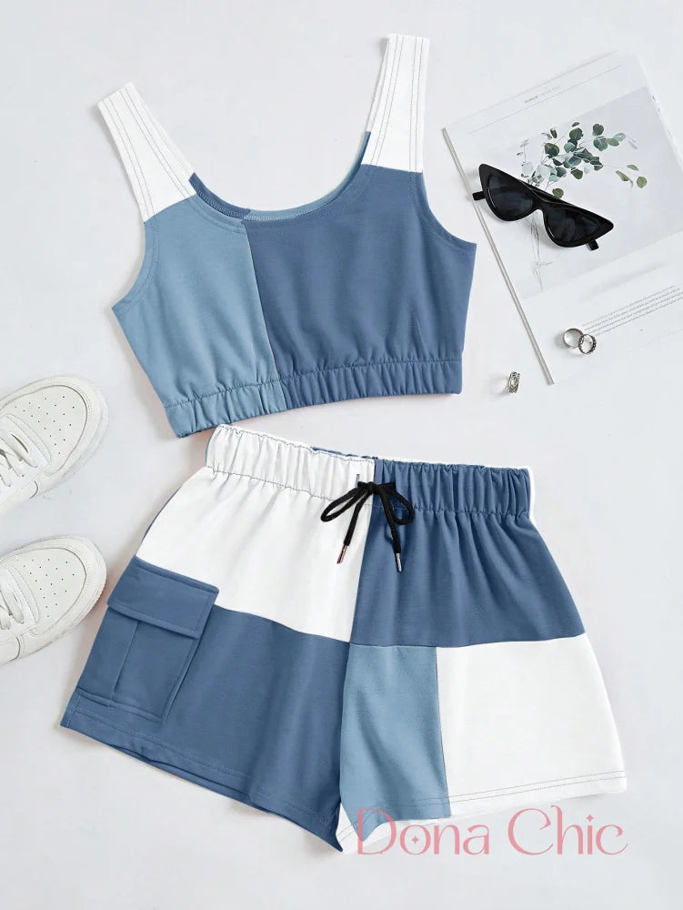 Conjunto Cropped Detalhes Color Block E Short Ajustável Estampa 2 / P Conjunto Cropped Detalhes Color Block E Short