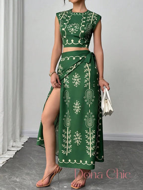 Conjunto Cropped Estampado Com Saia Longa E Fenda Conjunto Cropped Estampado Com Saia Longa E Fenda