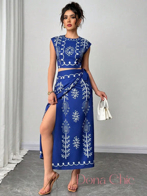 Conjunto Cropped Estampado Com Saia Longa E Fenda Conjunto Cropped Estampado Com Saia Longa E Fenda