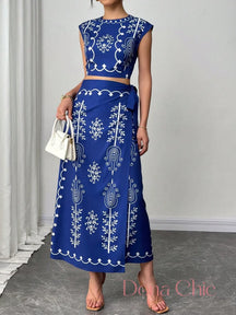 Conjunto Cropped Estampado Com Saia Longa E Fenda Azul / P Conjunto Cropped Estampado Com Saia Longa E Fenda