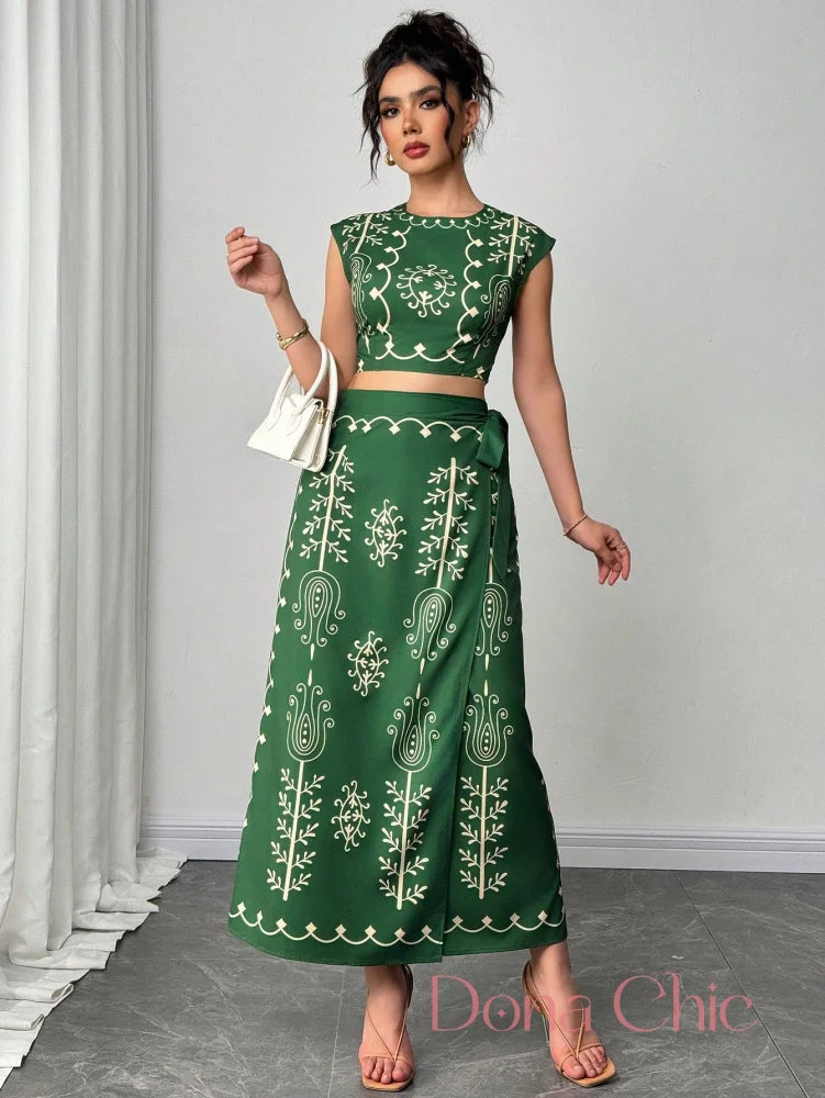 Conjunto Cropped Estampado Com Saia Longa E Fenda Verde / P Conjunto Cropped Estampado Com Saia Longa E Fenda