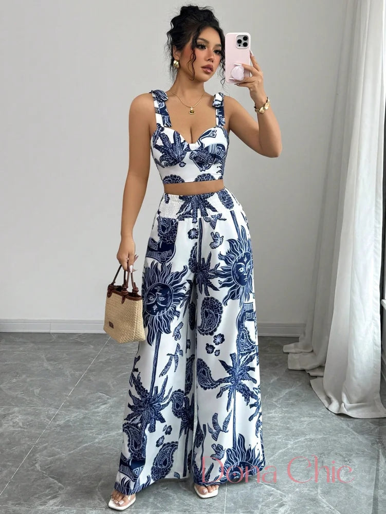 Conjunto Cropped Estruturado Com Calça Estampada Azul / P Conjunto Boho com Top Cropped e Calça Reta com Cinto