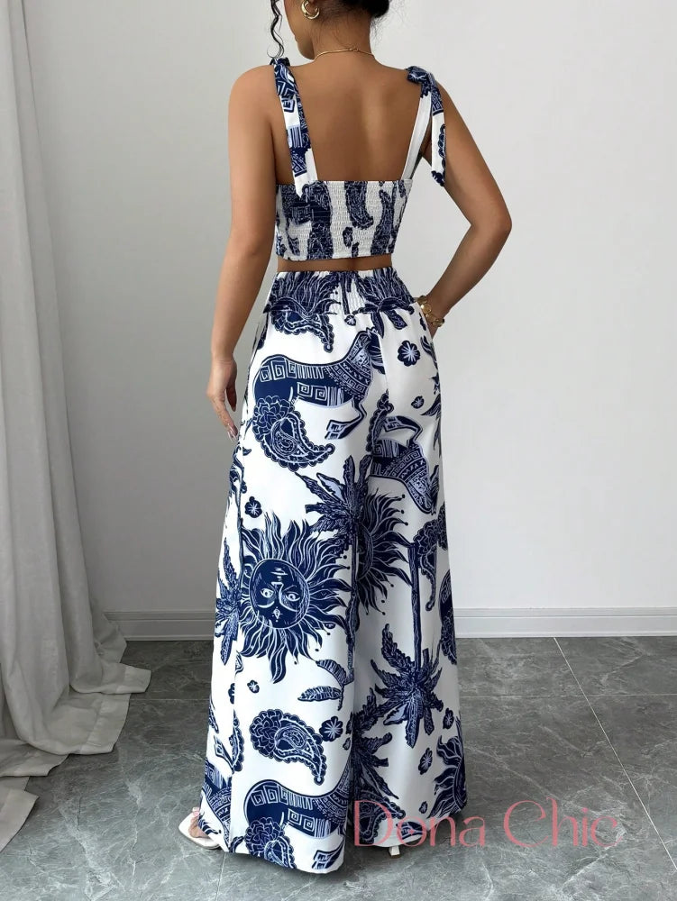 Conjunto Cropped Estruturado Com Calça Estampada Conjunto Boho com Top Cropped e Calça Reta com Cinto