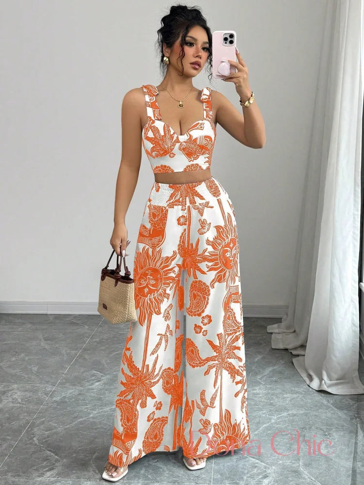 Conjunto Cropped Estruturado Com Calça Estampada Laranja / P Conjunto Boho com Top Cropped e Calça Reta com Cinto