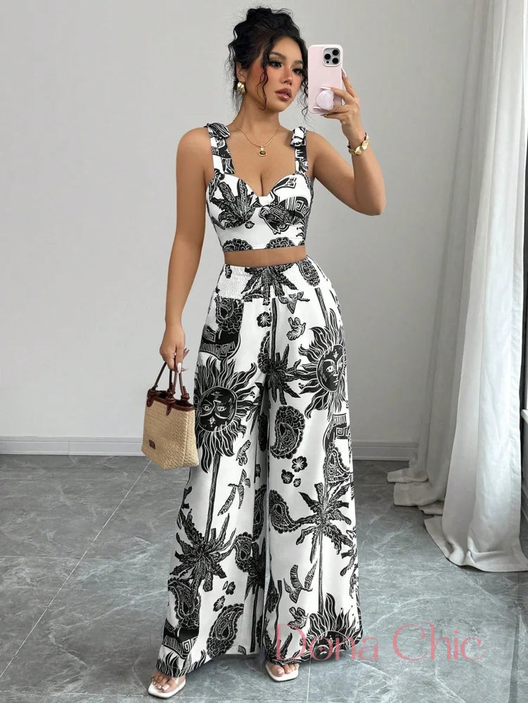 Conjunto Cropped Estruturado Com Calça Estampada Preto / P Conjunto Boho com Top Cropped e Calça Reta com Cinto