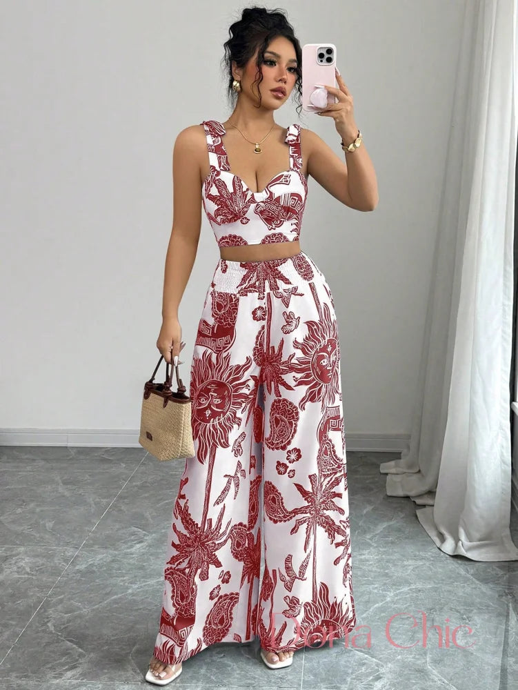 Conjunto Cropped Estruturado Com Calça Estampada Vinho / P Conjunto Boho com Top Cropped e Calça Reta com Cinto