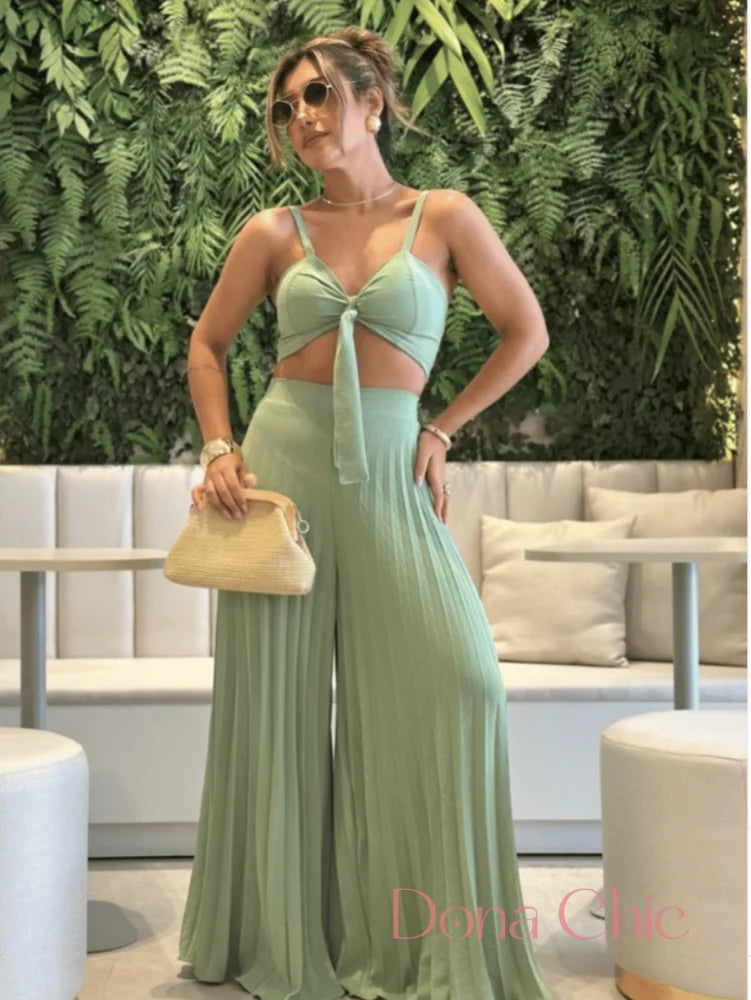 Conjunto Cropped Laço Frontal Com Calça Plissada Fluida Conjunto Estampado Geométrico Com Blusa Solta
