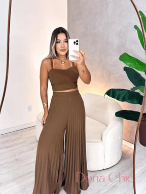 Conjunto Cropped Laço Frontal Com Calça Plissada Fluida Conjunto Estampado Geométrico Com Blusa Solta