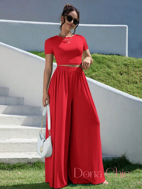 Conjunto Cropped Manga Curta E Calça Pantalona Conjunto Cropped Manga Curta E Calça Pantalona