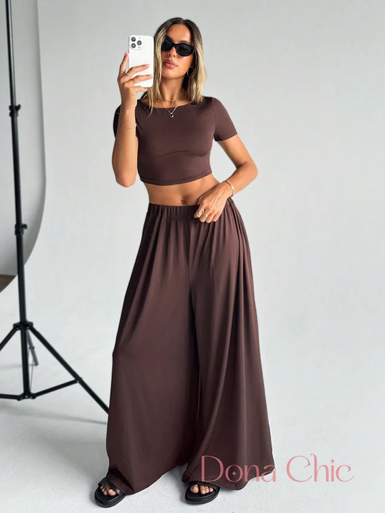 Conjunto Cropped Manga Curta E Calça Pantalona Café / P Conjunto Cropped Manga Curta E Calça Pantalona