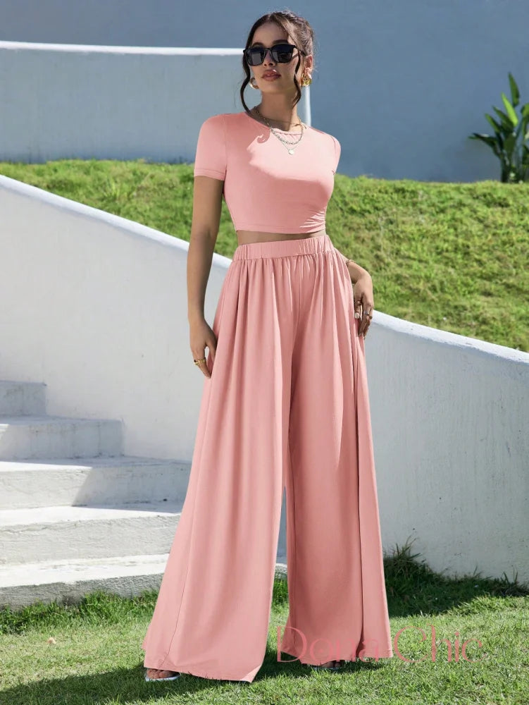 Conjunto Cropped Manga Curta E Calça Pantalona Rosa Bebê / P Conjunto Cropped Manga Curta E Calça Pantalona