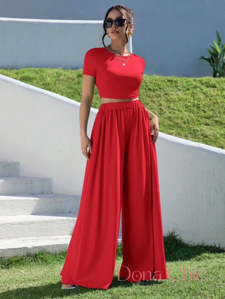 Conjunto Cropped Manga Curta E Calça Pantalona Vermelho / P Conjunto Cropped Manga Curta E Calça Pantalona