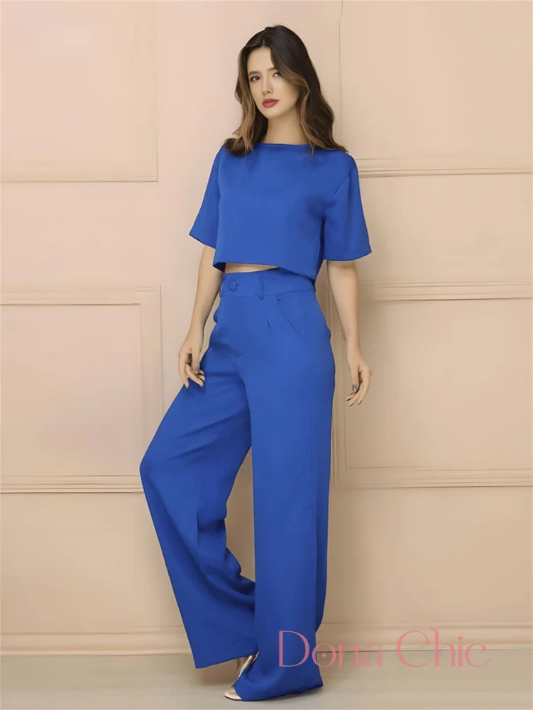 Conjunto Cropped Minimalista Com Calça Reta Elegante Azul / P Conjunto Cropped Minimalista Com Calça Reta Elegante