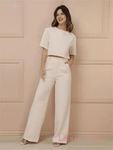 Conjunto Cropped Minimalista Com Calça Reta Elegante Bege / P Conjunto Cropped Minimalista Com Calça Reta Elegante