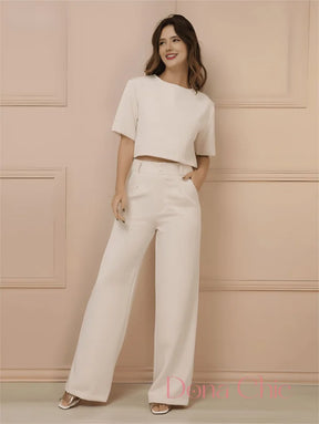 Conjunto Cropped Minimalista Com Calça Reta Elegante Bege / P Conjunto Cropped Minimalista Com Calça Reta Elegante