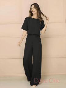 Conjunto Cropped Minimalista Com Calça Reta Elegante Preto / P Conjunto Cropped Minimalista Com Calça Reta Elegante