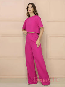 Conjunto Cropped Minimalista Com Calça Reta Elegante Rosa / P Conjunto Cropped Minimalista Com Calça Reta Elegante