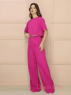 Conjunto Cropped Minimalista Com Calça Reta Elegante Rosa / P Conjunto Cropped Minimalista Com Calça Reta Elegante