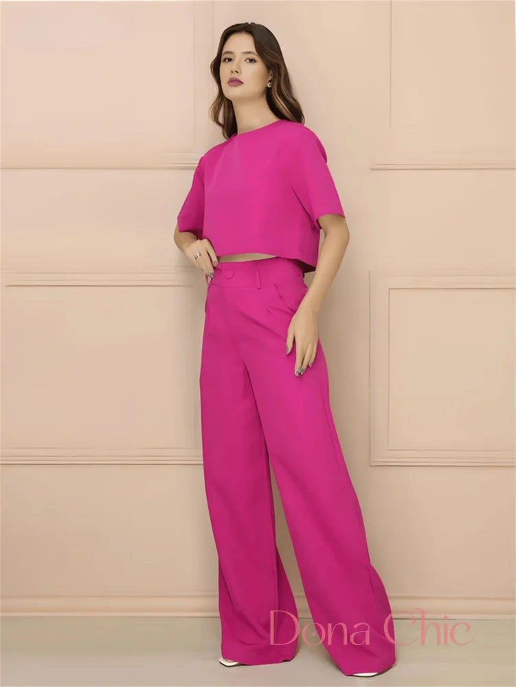 Conjunto Cropped Minimalista Com Calça Reta Elegante Rosa / P Conjunto Cropped Minimalista Com Calça Reta Elegante