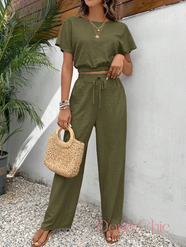 Conjunto Cropped Texturizado Com Calça De Amarração Verde / P Conjunto Estampado Geométrico Com Blusa Solta