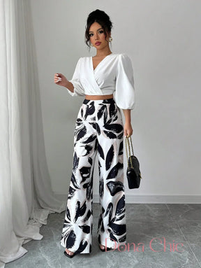 Conjunto Cropped Transpassado Com Calça Estampada Conjunto Elegante com Blusa Bufante e Calça Wide Leg Floral