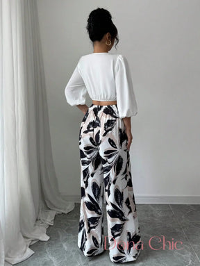 Conjunto Cropped Transpassado Com Calça Estampada Conjunto Elegante com Blusa Bufante e Calça Wide Leg Floral