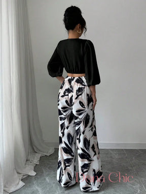 Conjunto Cropped Transpassado Com Calça Estampada Conjunto Elegante com Blusa Bufante e Calça Wide Leg Floral